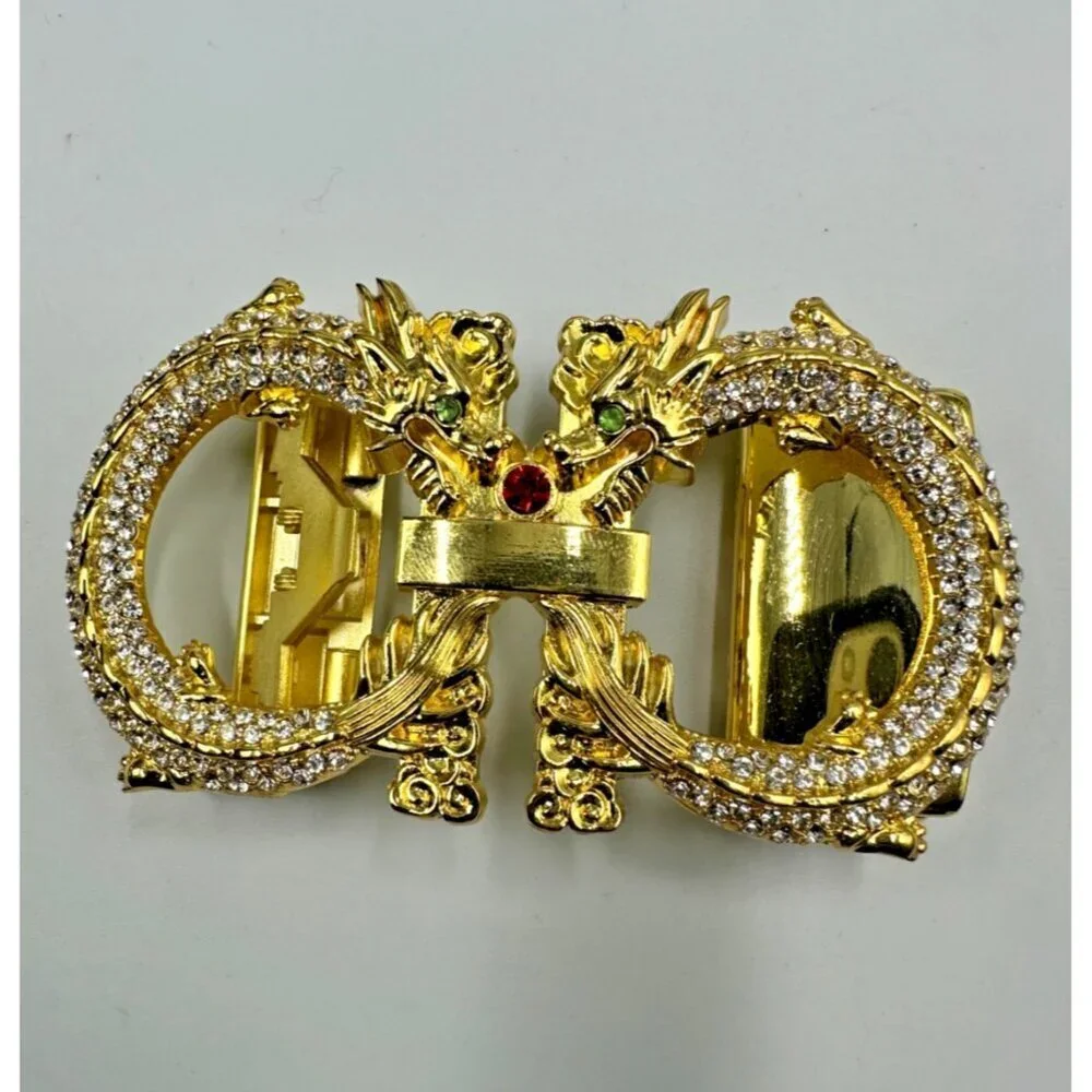 Dragon Rhinestone Ratchet Belt Buckle Gold Tone Automatic Slide Fantasy